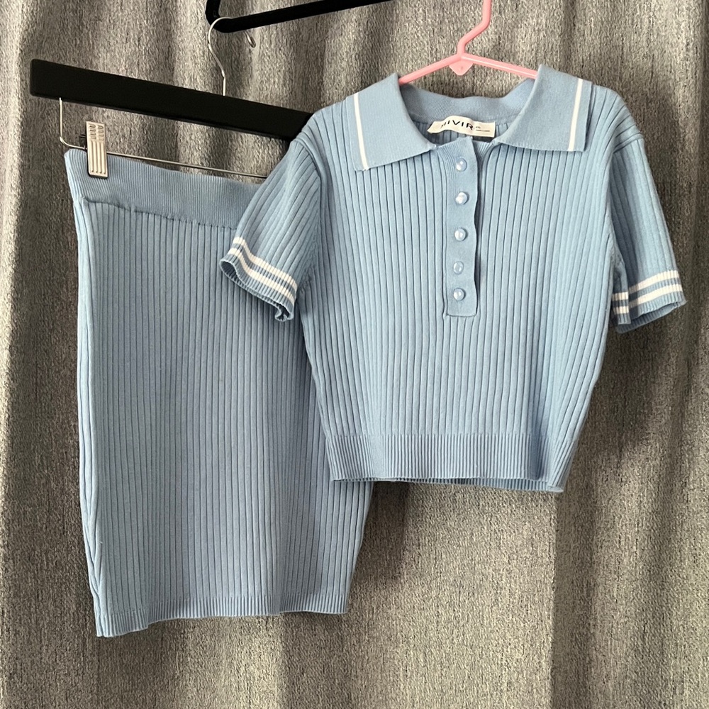 RIVIR Light Blue Ribbed Knit Top and Skirt Set
